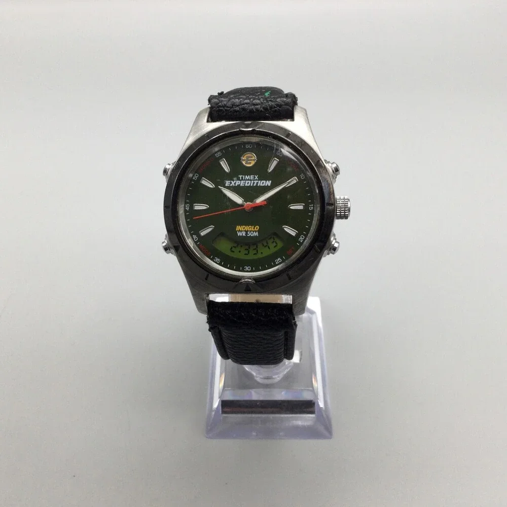 Timex Expedition Watch Men Indiglo 37mm Green Dial Analog Digital New Battery - Picture 2 of 15